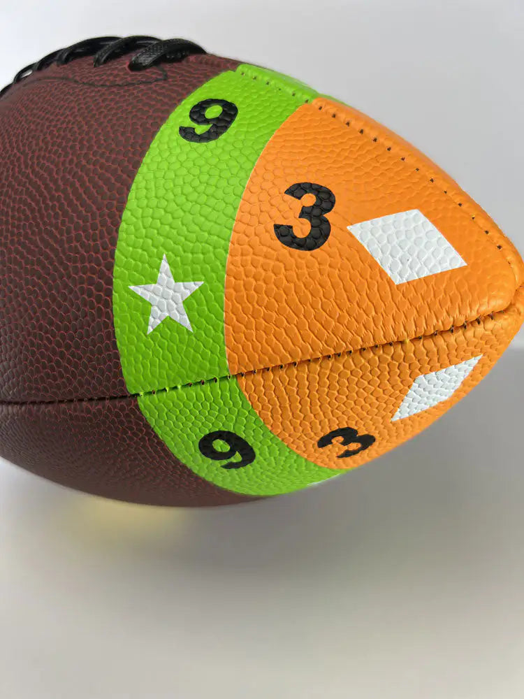 ColorTech football showcasing numbered colorful training panels for catching drills.