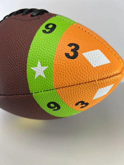 ColorTech football showcasing numbered colorful training panels for catching drills.